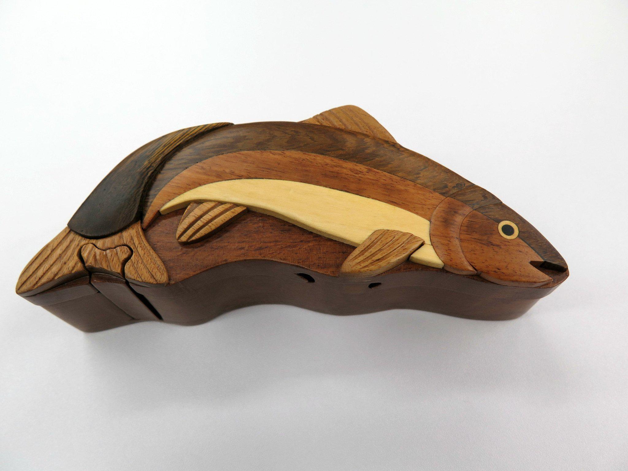 Wooden Rainbow Trout Intarsia Puzzle Box