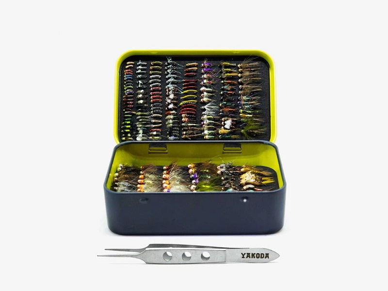 Yakoda Fly Tin with Tweezers Grey/Chartreuse - The Trout Spot