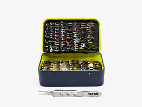 Yakoda Fly Tin with Tweezers Grey/Chartreuse - The Trout Spot