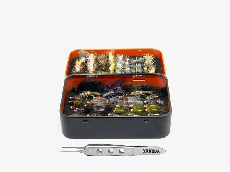 Yakoda Fly Tin with Tweezers Black/Flourescent Orange - The Trout Spot